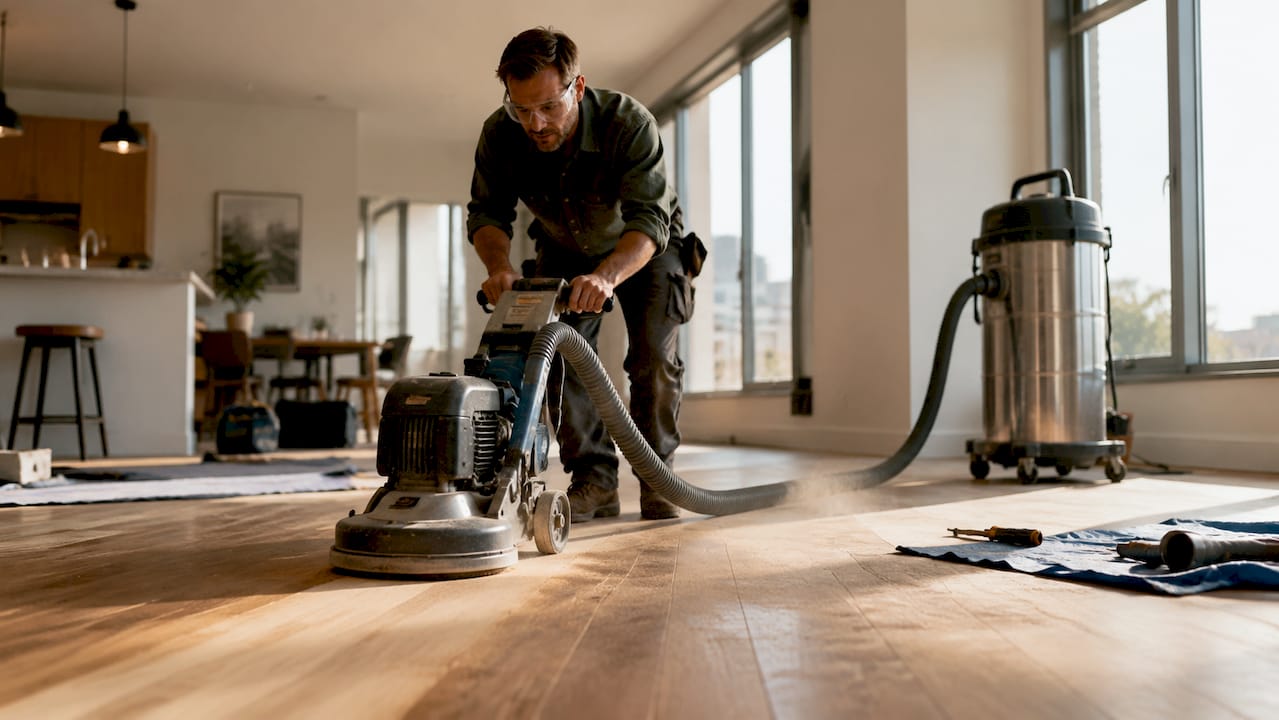 Worker operating dustless floor sander in home