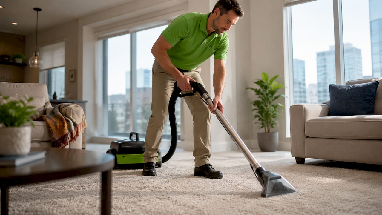 Certified technician cleaning carpet in home