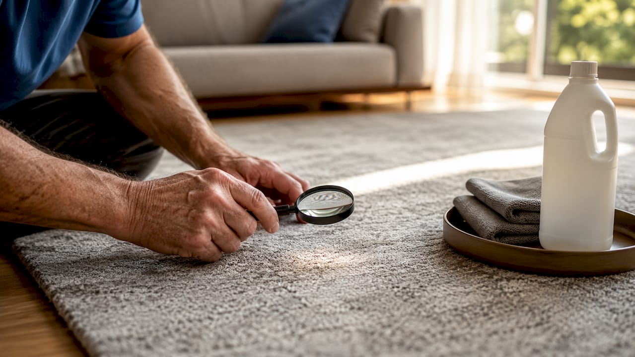 Hands inspecting carpet fibers with magnifier
