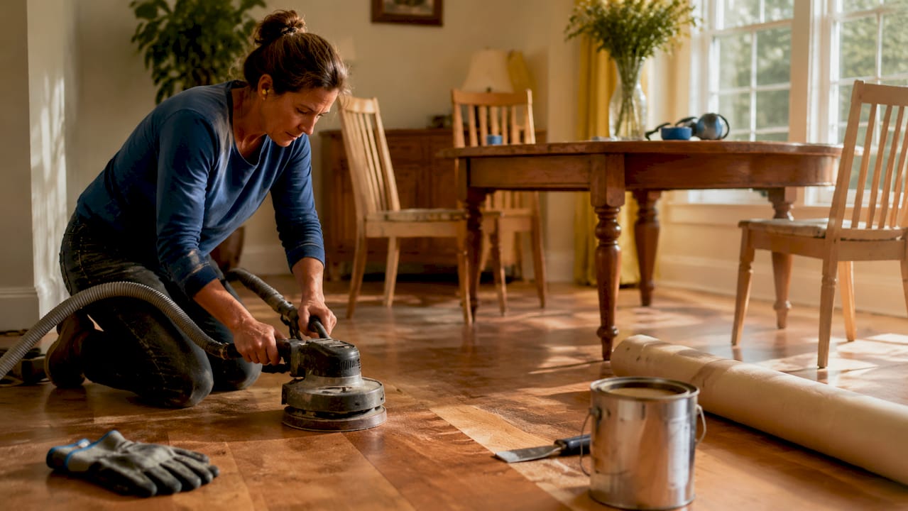 Homeowner sanding hardwood floor in living room