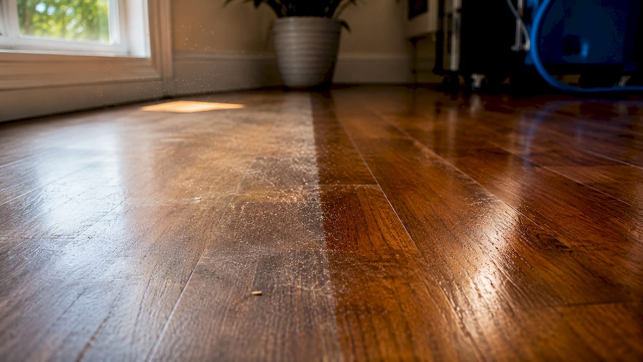 Close-up of dull versus glossy hardwood floor finish