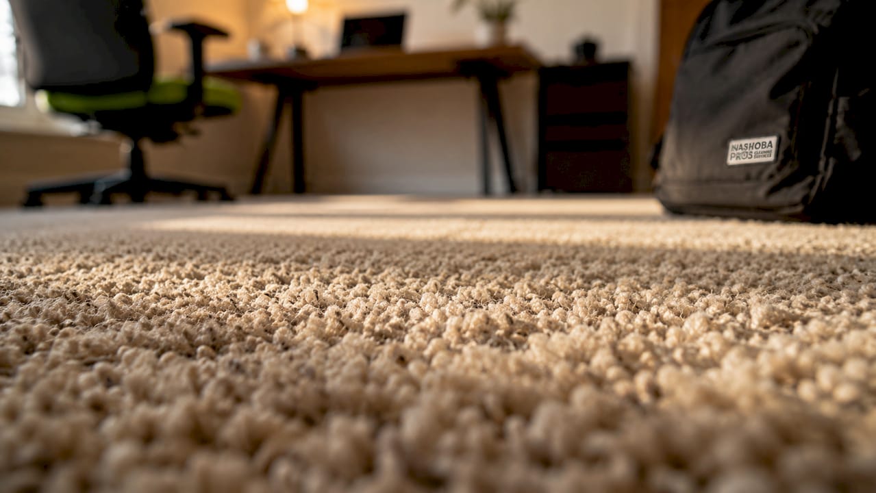 Close-up of carpet fibers trapping soil