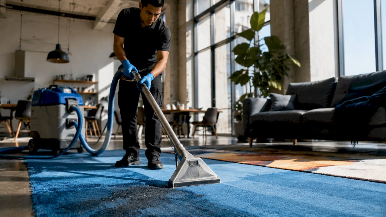 Professional cleaning carpet with hot water extraction