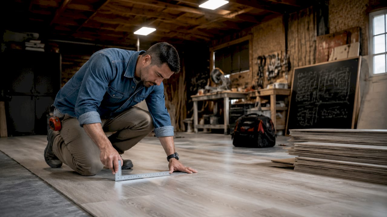 Contractor measuring near vinyl plank flooring installation