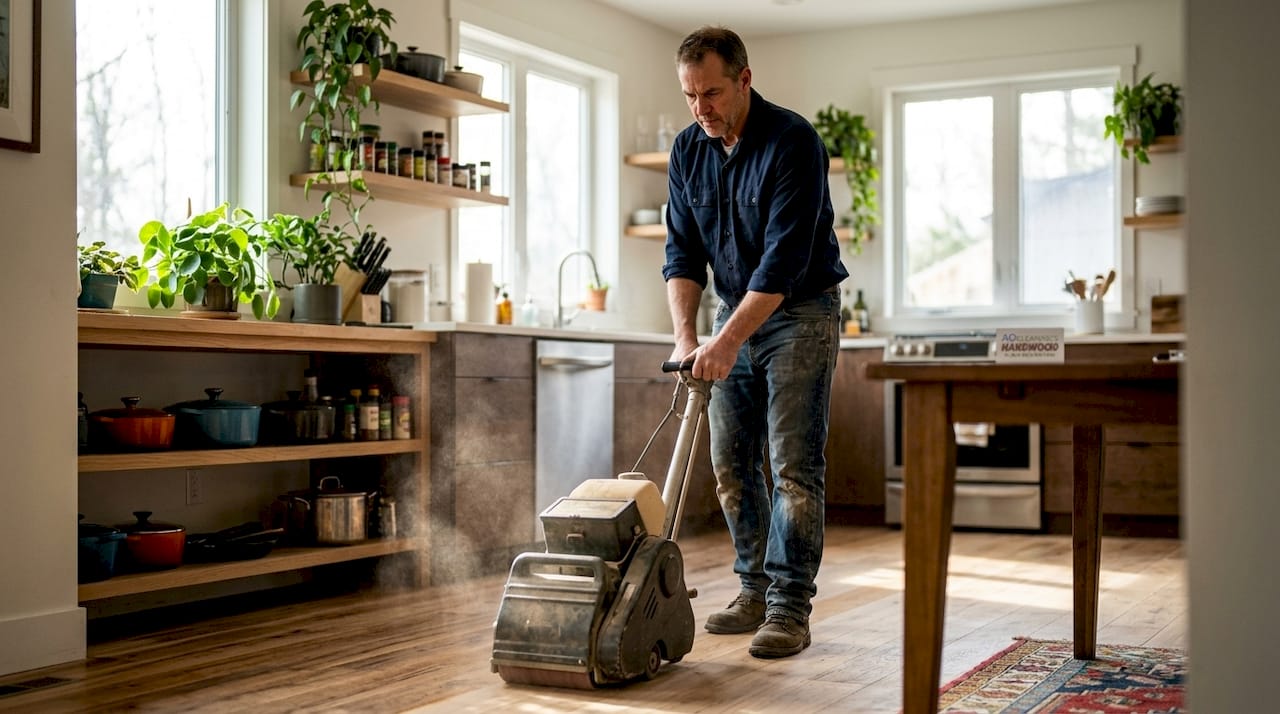 Technician sanding engineered hardwood floor