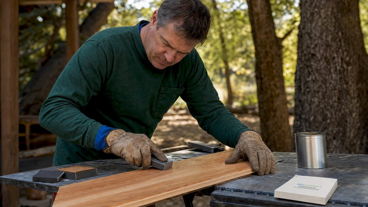 Hands sanding engineered hardwood veneer