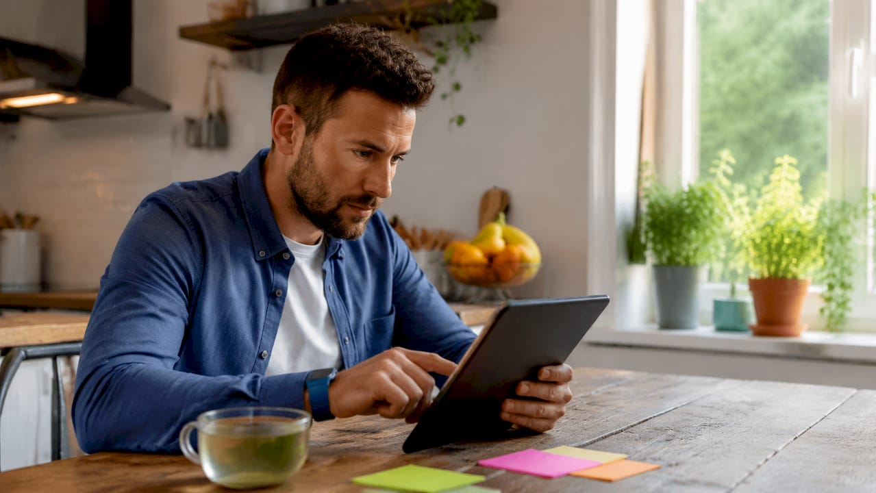 Man analyzing carpet cleaning reviews on laptop
