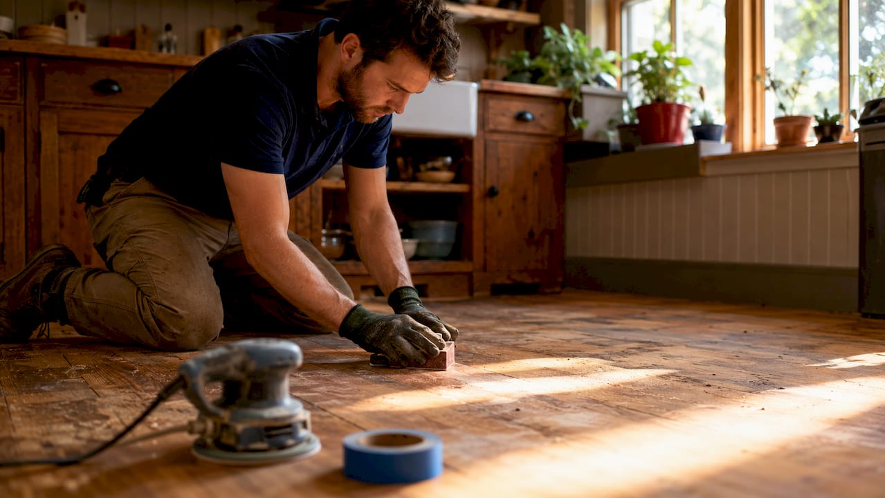 Hands sanding hardwood floorboards