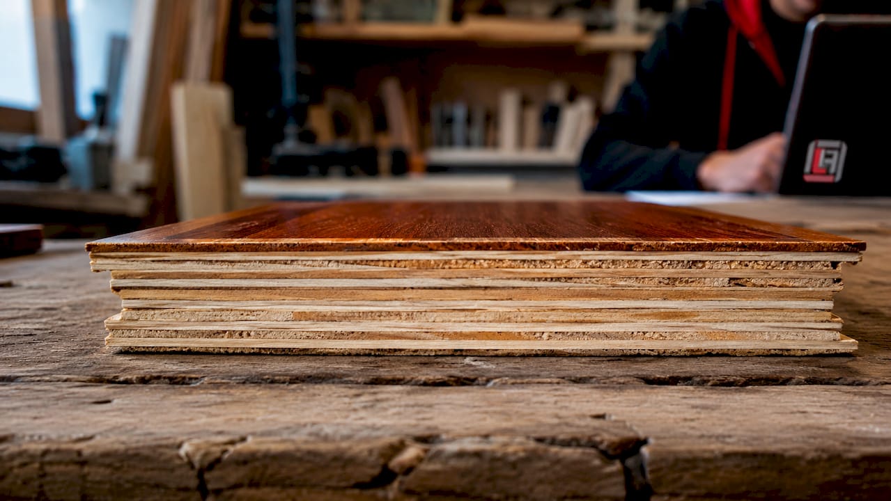 Cross section of engineered wood flooring plank