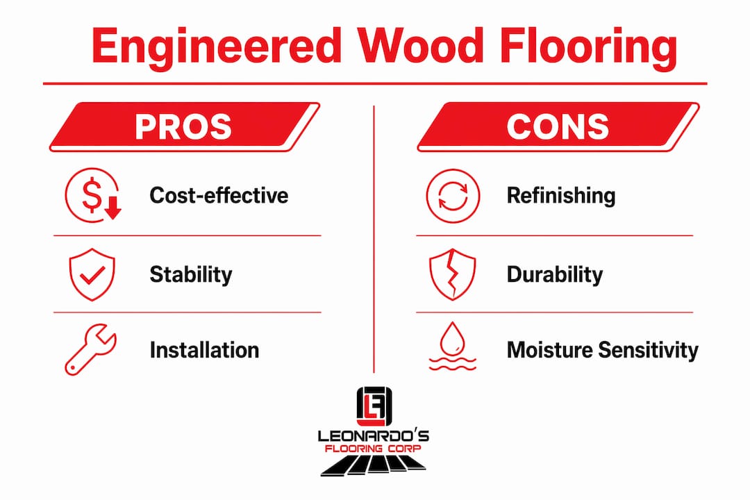 Infographic comparing pros and cons of engineered wood flooring