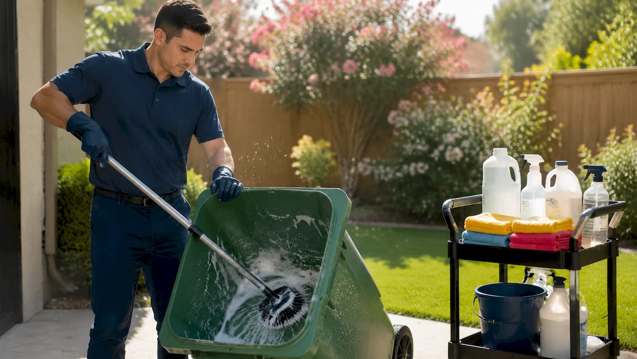 Hands scrubbing inside of garbage bin with soap and brush