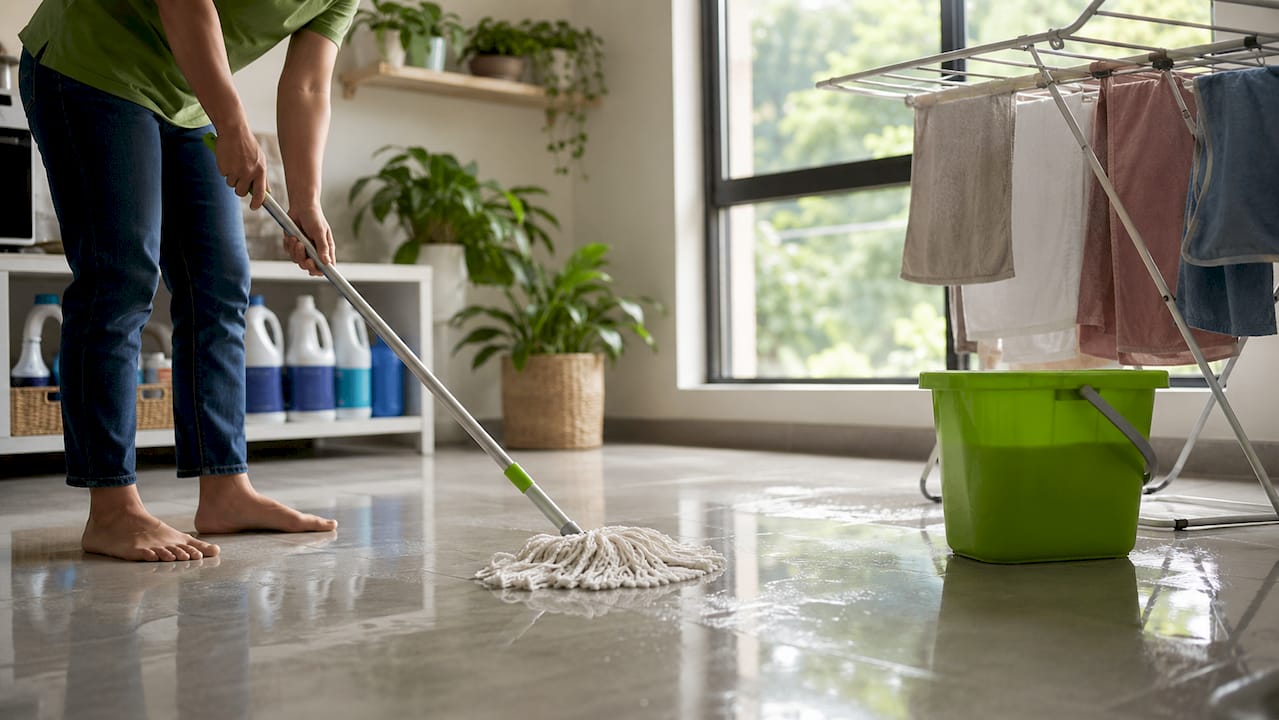 Homeowner mopping wet kitchen floor during DIY cleanup