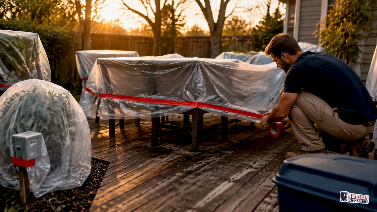 Covered furniture and protected plants on porch