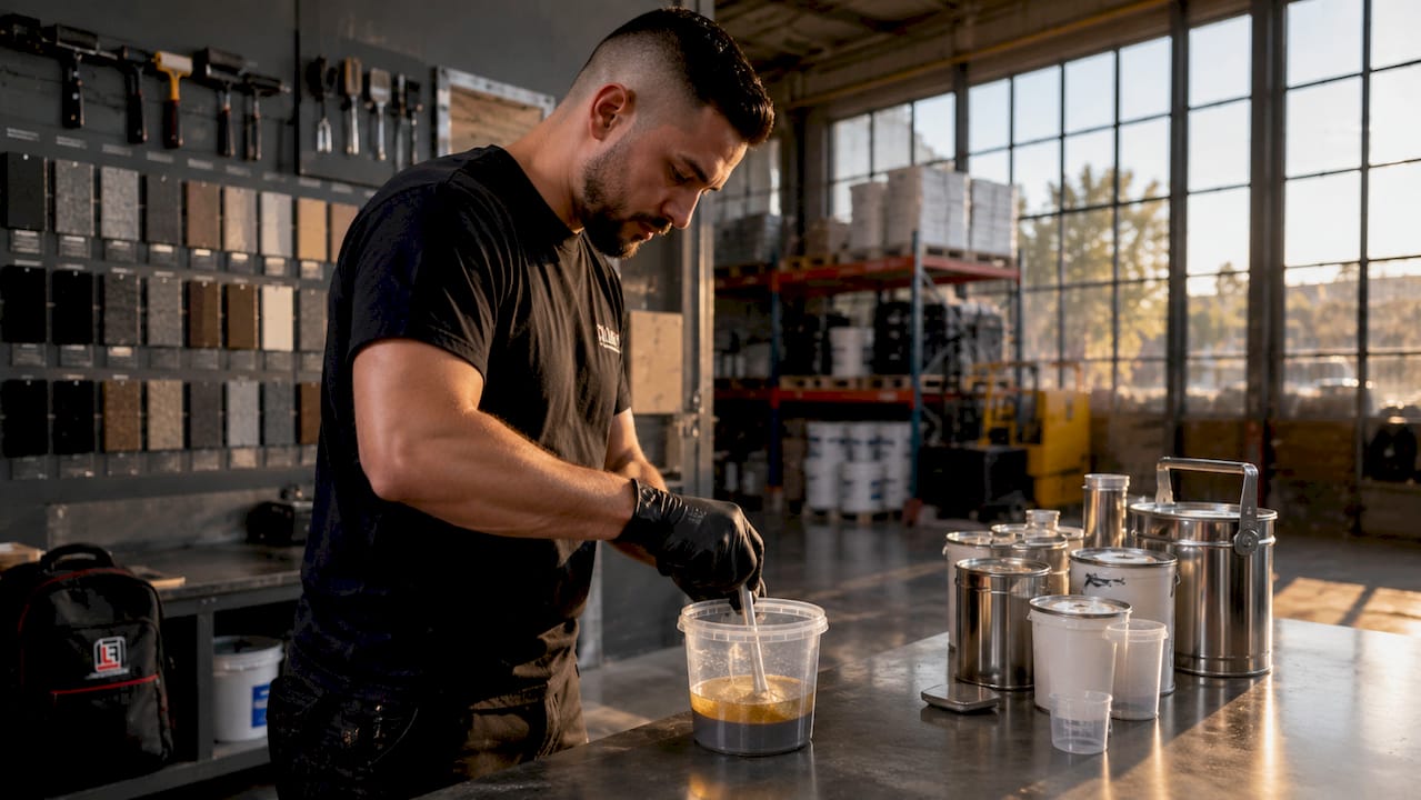 Hands mixing epoxy resin components