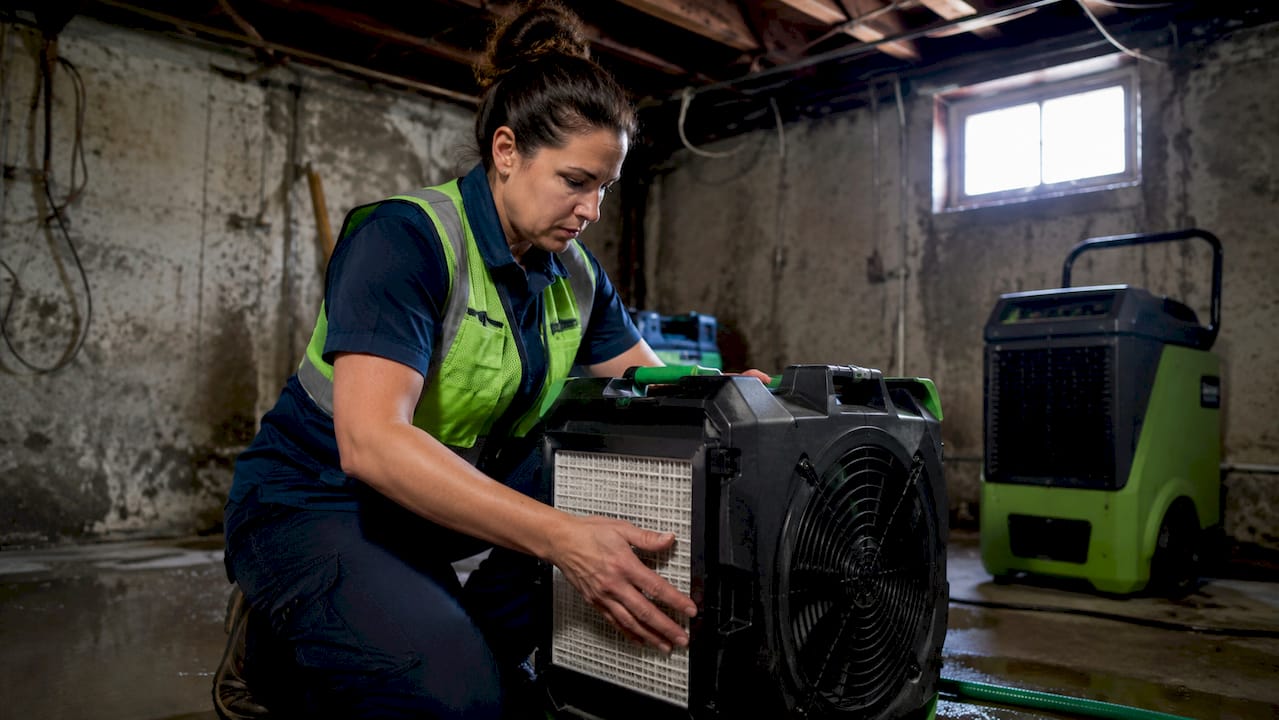 Technician configuring negative air containment machine