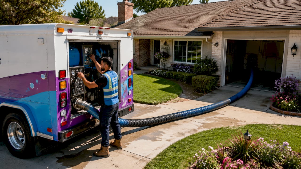 Worker operating truck-mounted water extractor at home