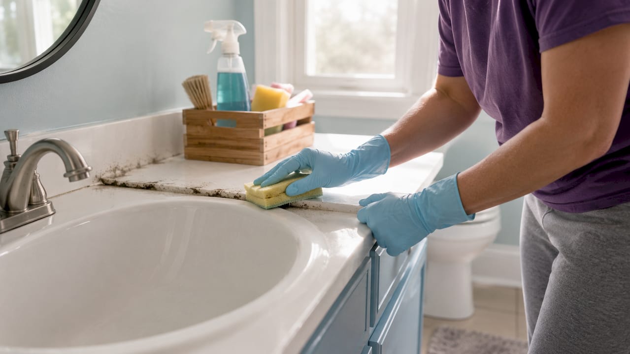 Hands scrubbing mold from bathroom tile grout