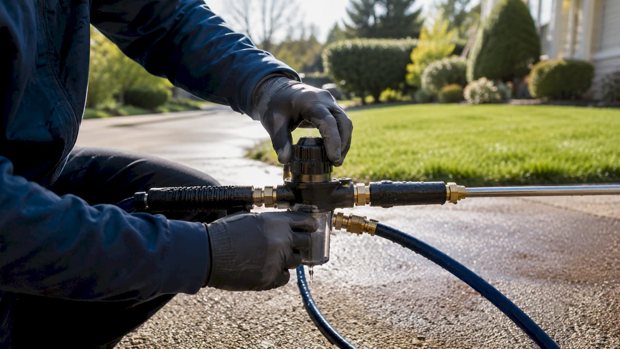 Hands adjusting pressure washer chemical injector
