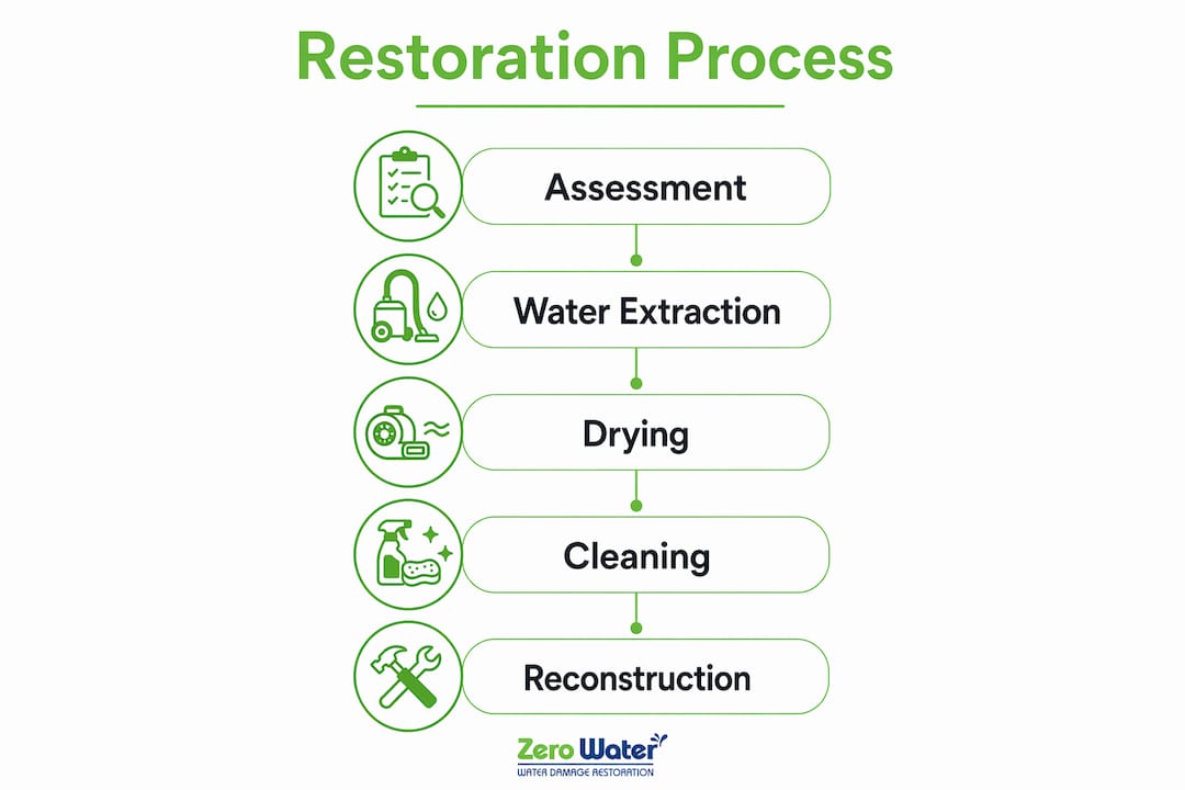 Infographic illustrating water damage restoration steps