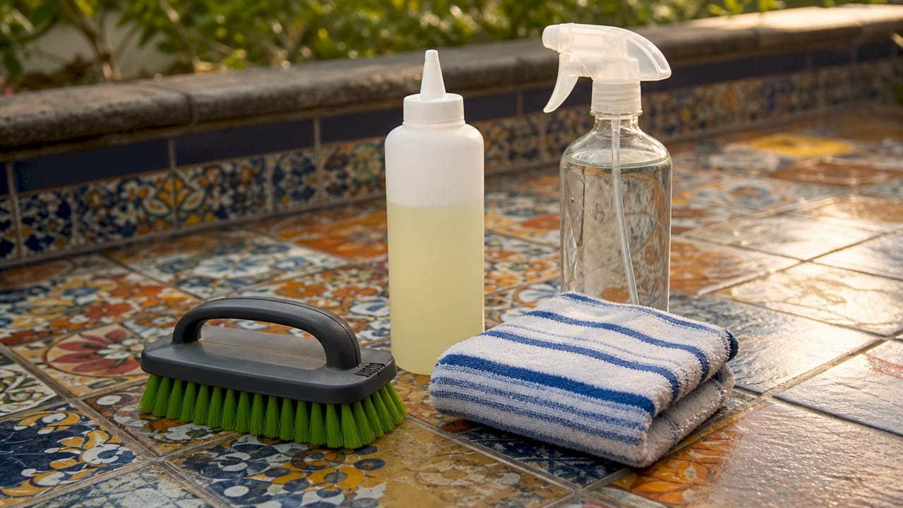 Close-up of grout cleaning tools on tile floor
