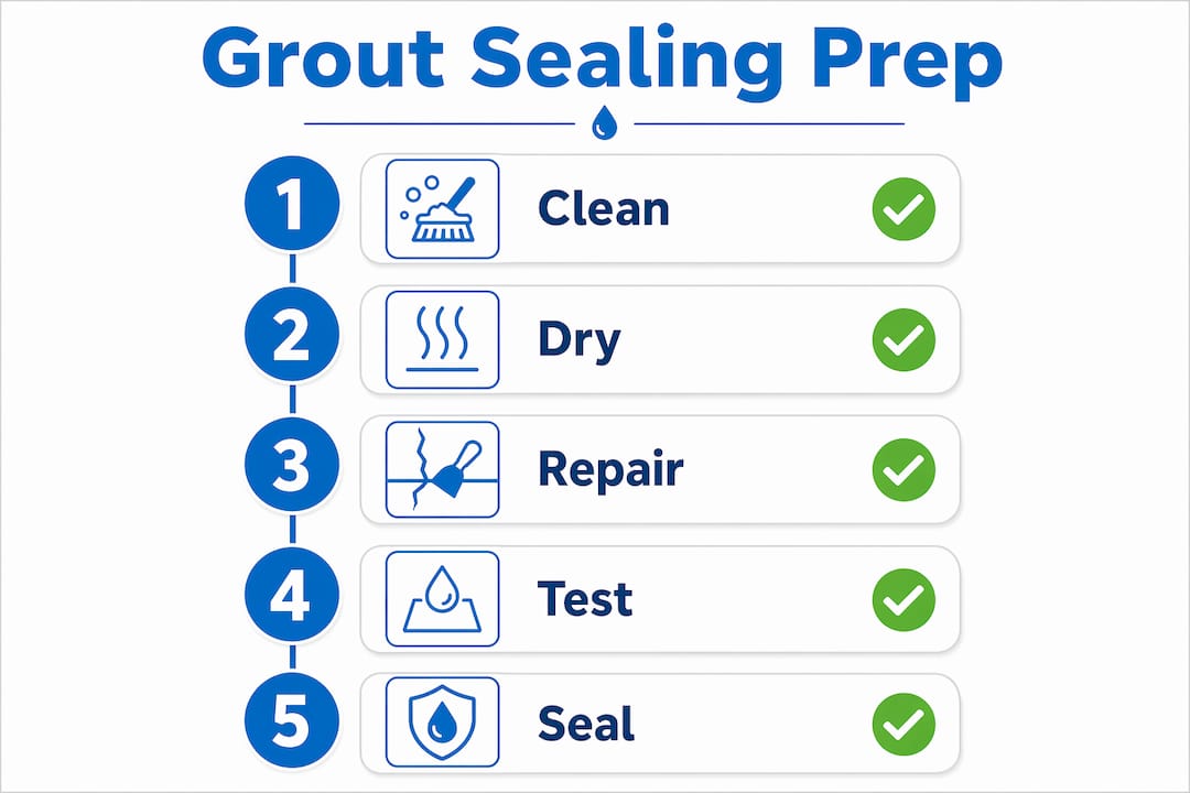Infographic illustrating grout sealing preparation steps