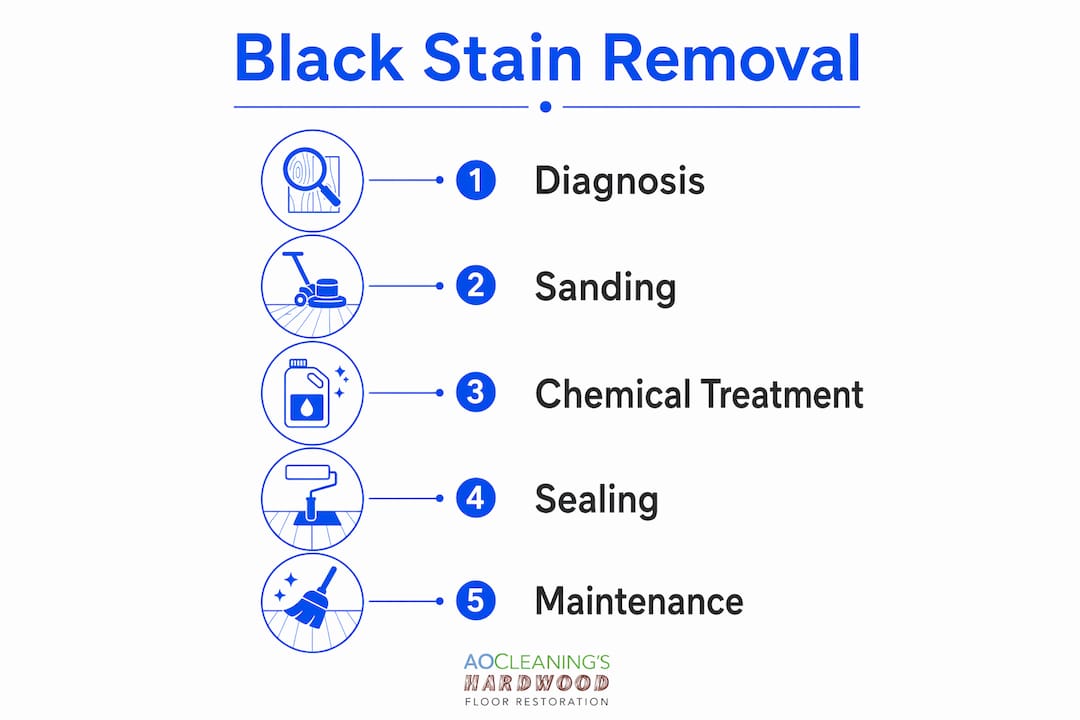 Infographic illustrating steps to remove black stains from hardwood floors