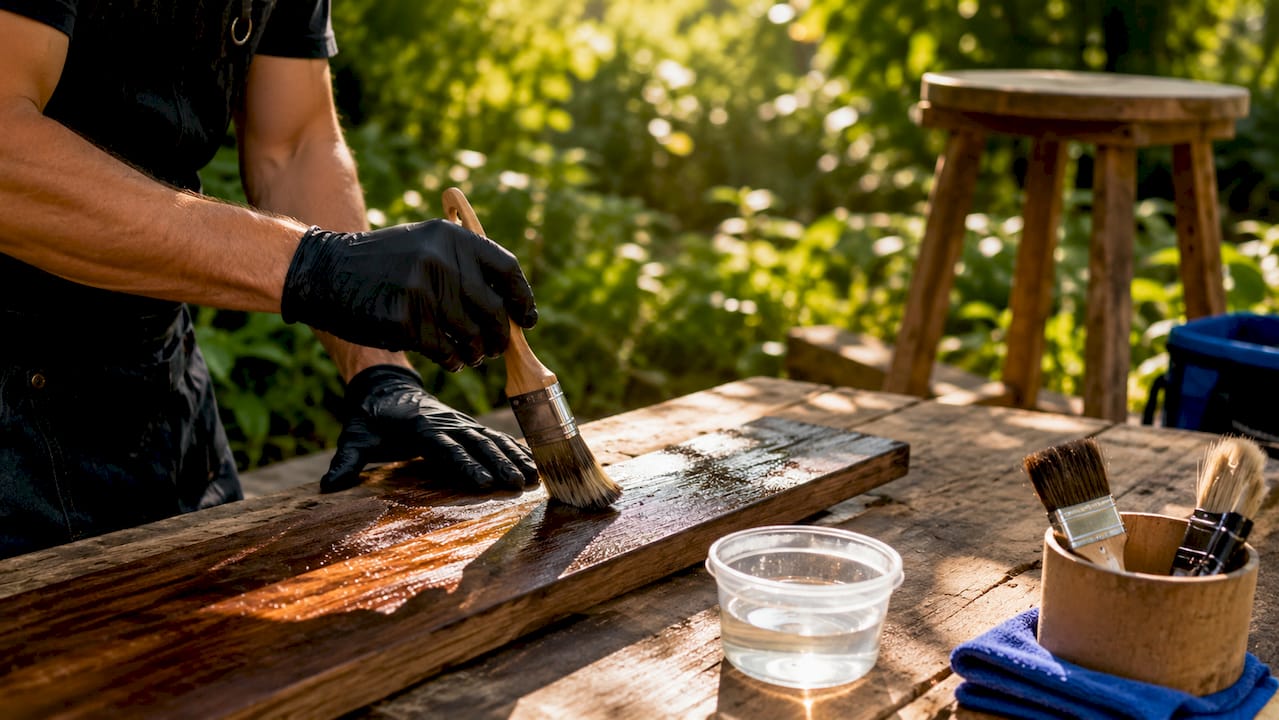 Hands applying chemical treatment to stained hardwood