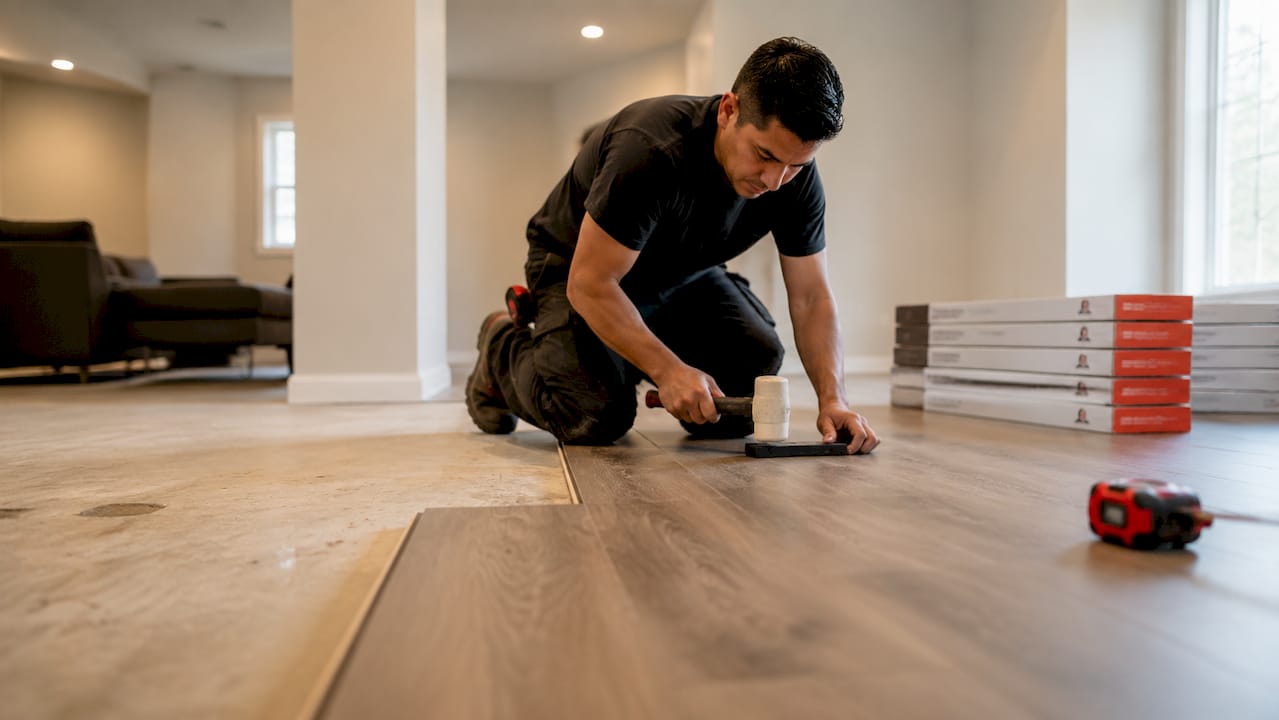 Installing SPC vinyl plank flooring close-up