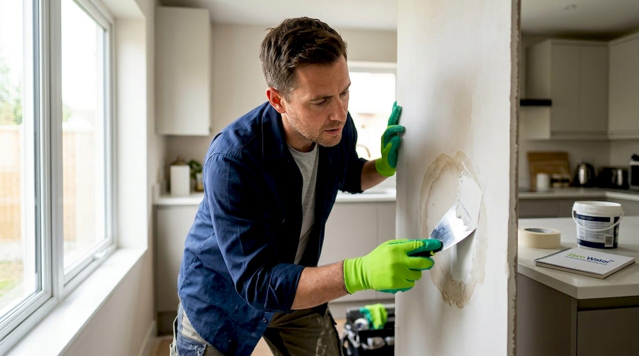Drywall technician patching water stain