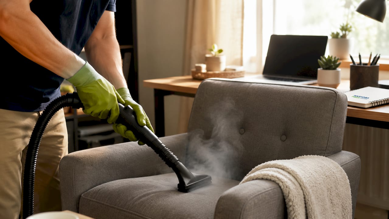 Close-up dry vapor steam cleaner on chair upholstery