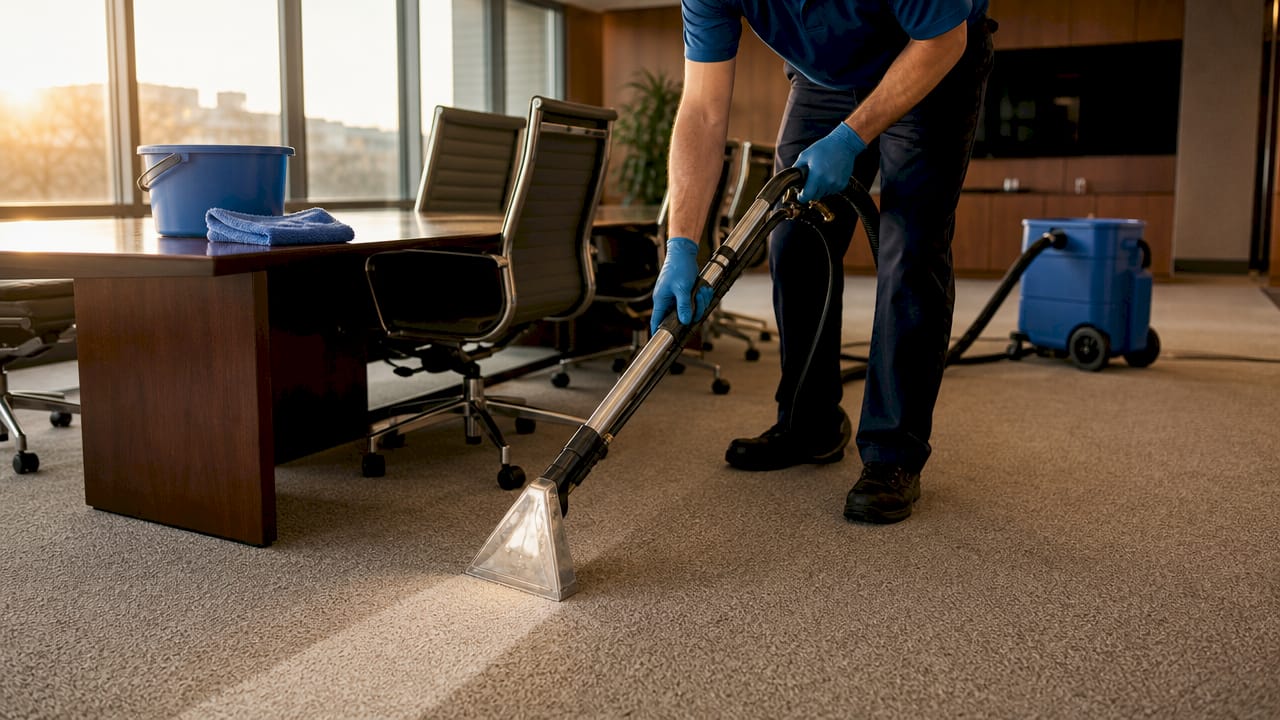 Close-up of technician cleaning office carpet with machine