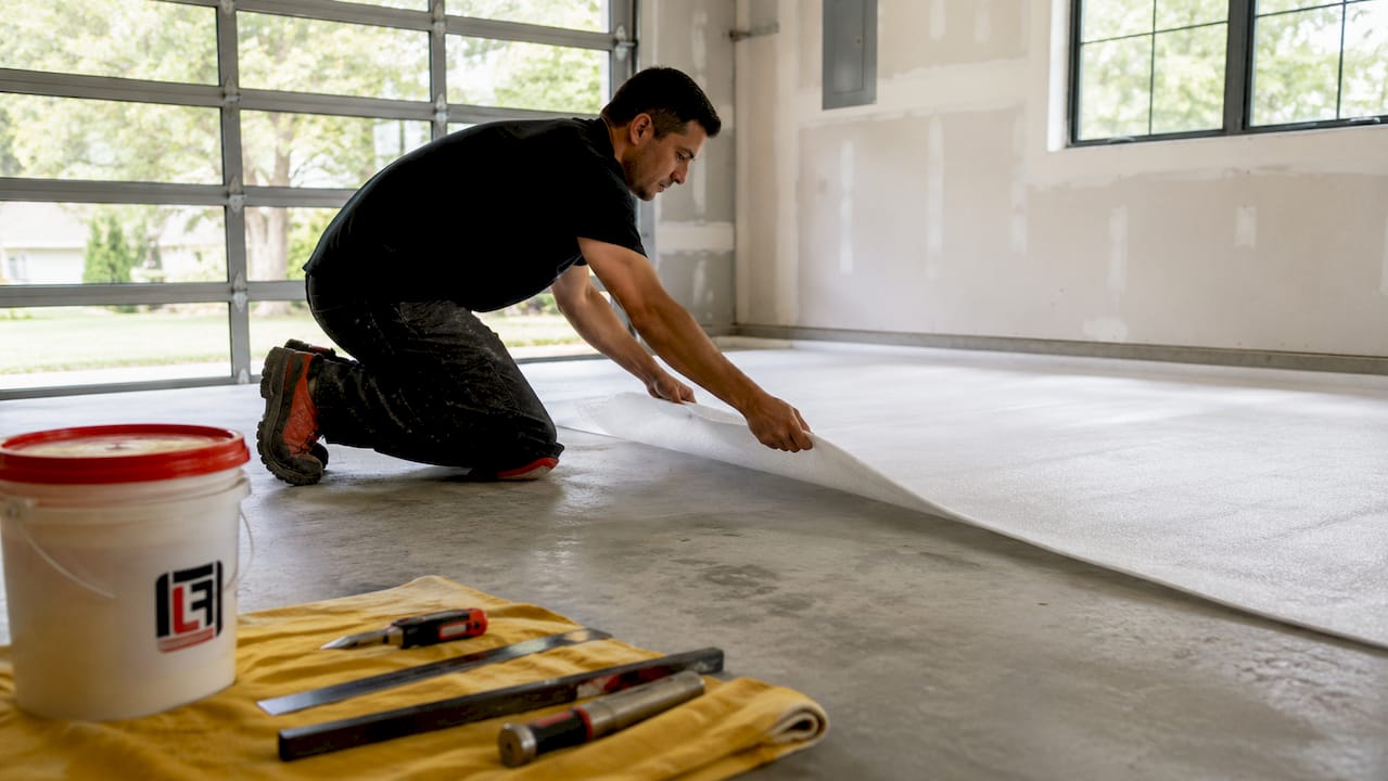 Hands laying foam underlayment on subfloor