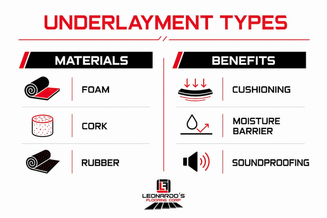 Infographic comparing floor underlayment materials and benefits