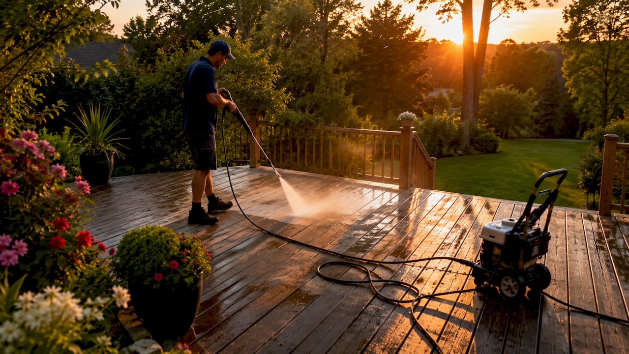 Pressure washer cleaning wooden deck close-up