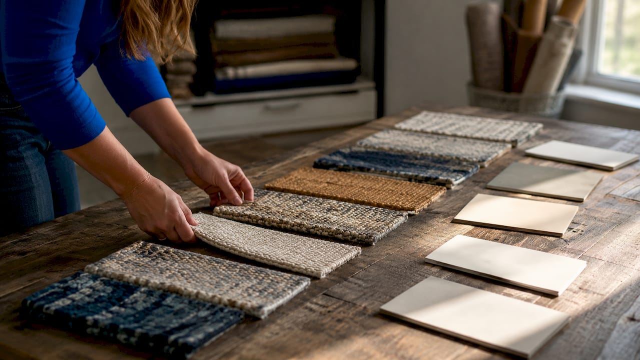 Various area rug fiber swatches on white surface