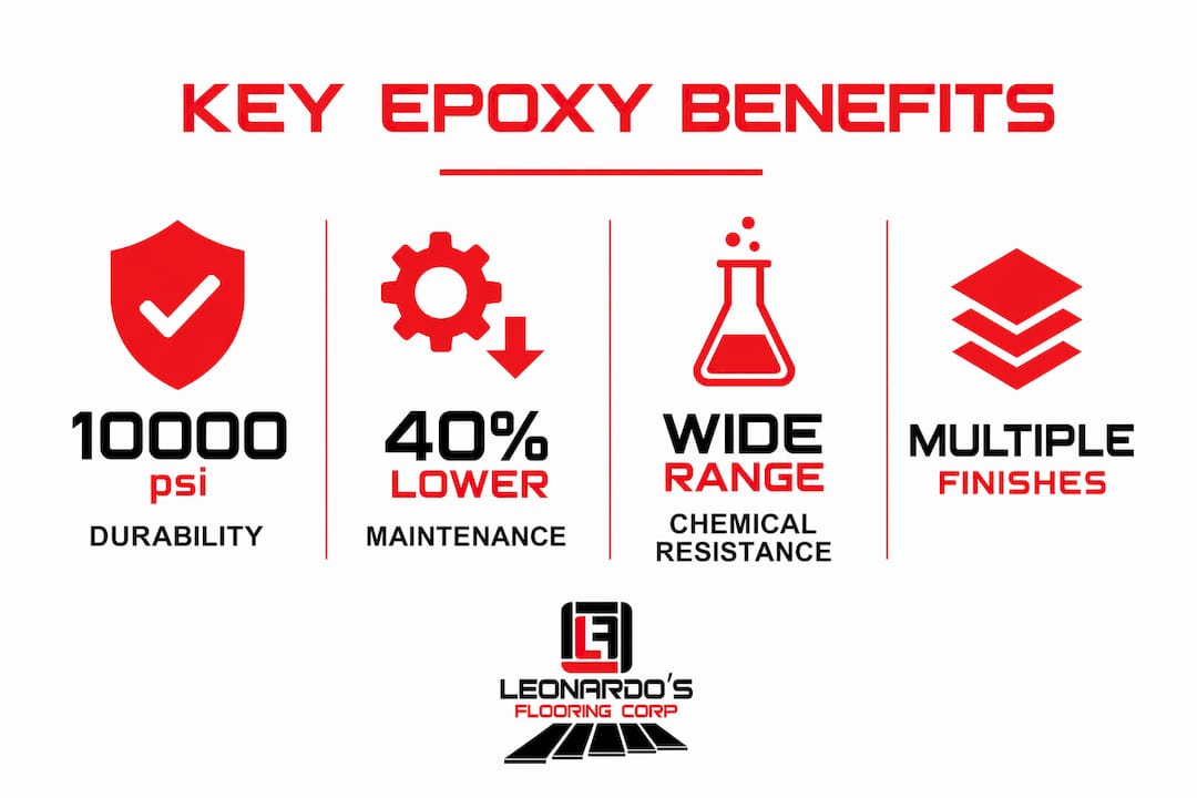 Infographic showing key benefits of commercial epoxy flooring
