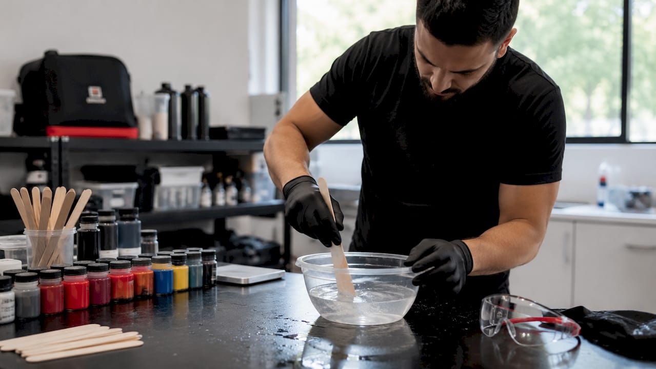 Hands mixing epoxy resin and hardener