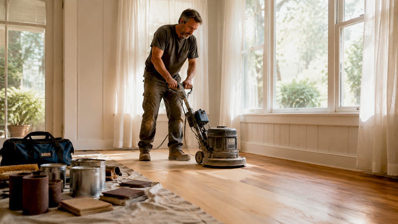 Craftsman sanding hardwood floor in home