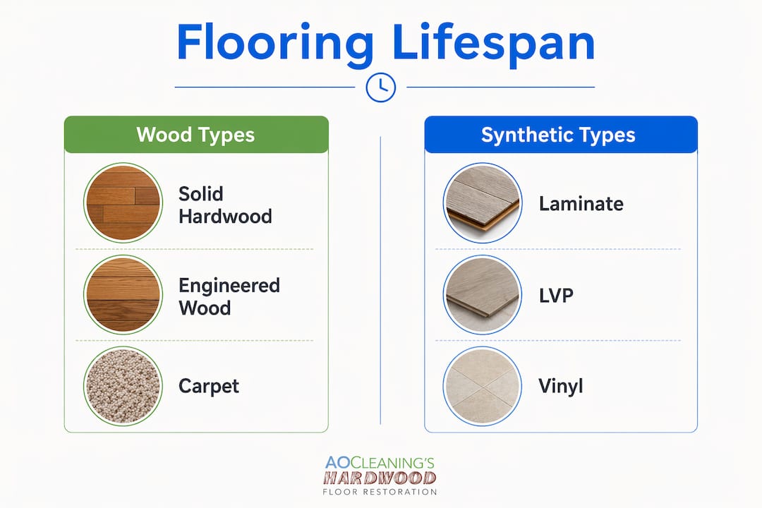 Infographic comparing hardwood and synthetic flooring lifespans