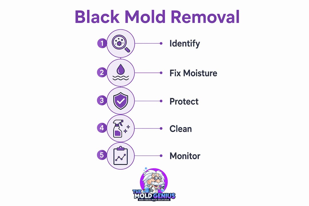 Infographic showing black mold removal steps