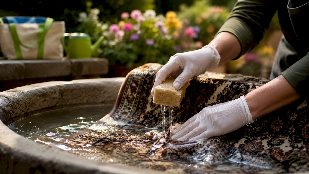Hands delicately hand-washing silk rug in basin