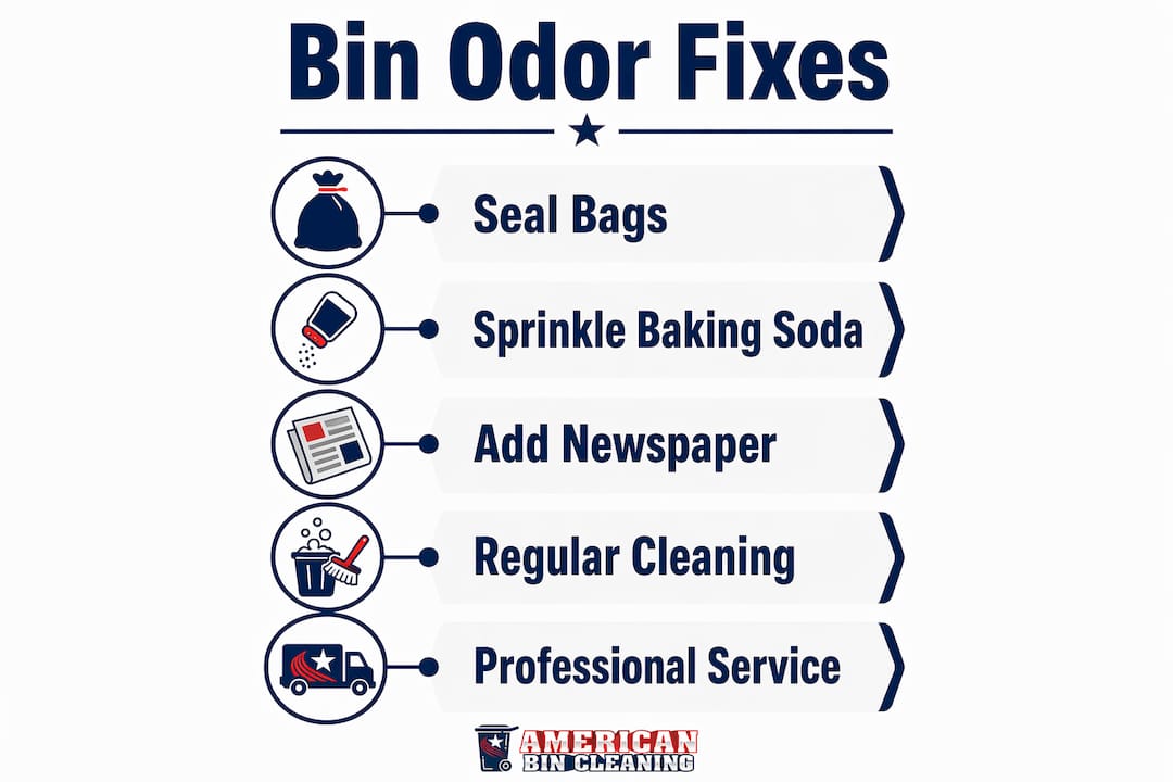 Infographic showing step-by-step trash bin odor fixes