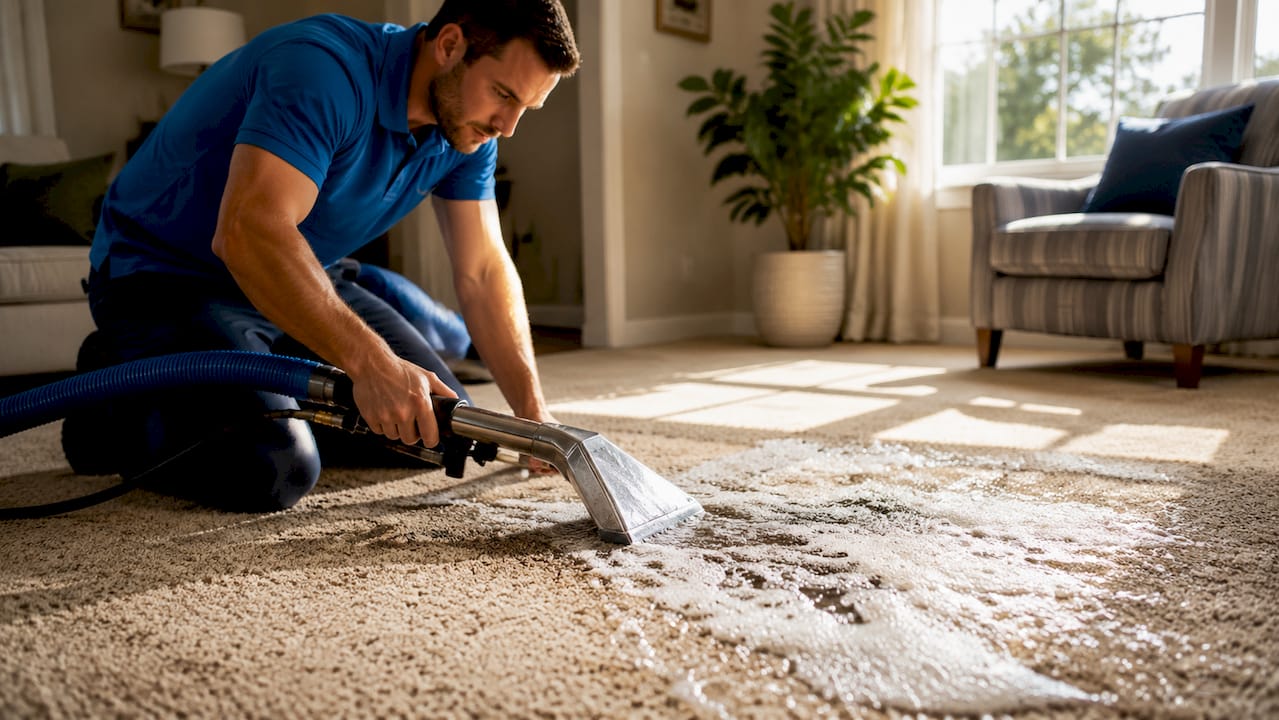 Close-up of foam drying on carpet fibers