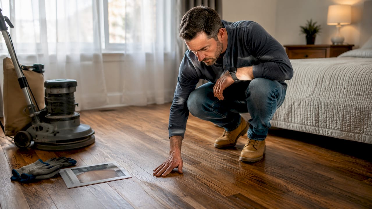 Homeowner inspecting hardwood floor condition