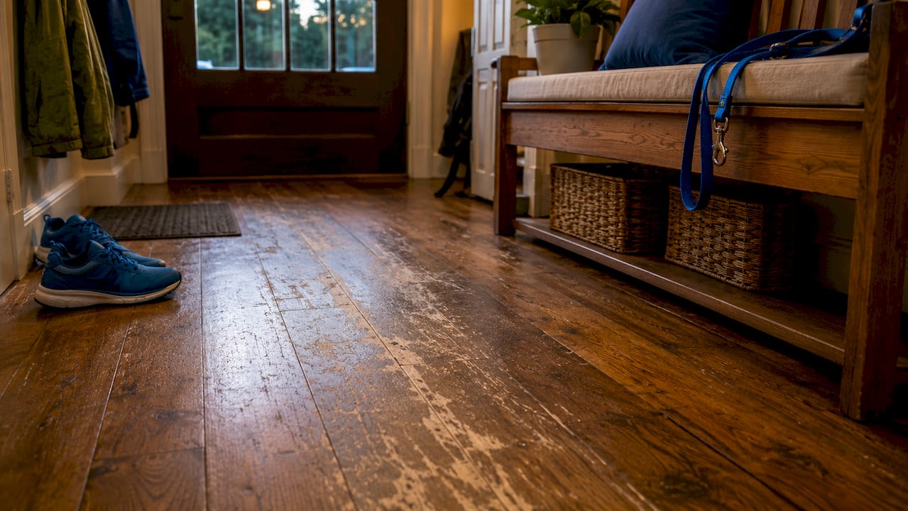 Close-up of worn hardwood floor in busy hallway