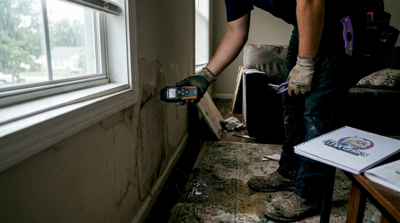 Hands using moisture meter on water-damaged wood
