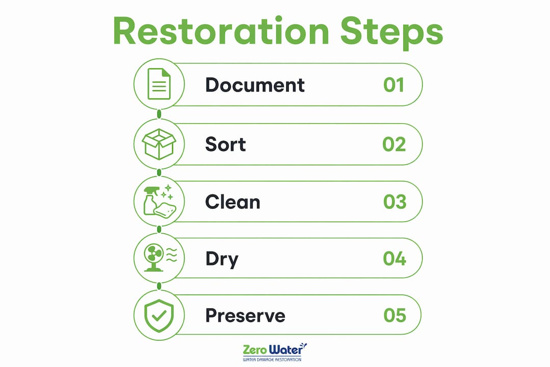 Infographic illustrating water damage restoration steps