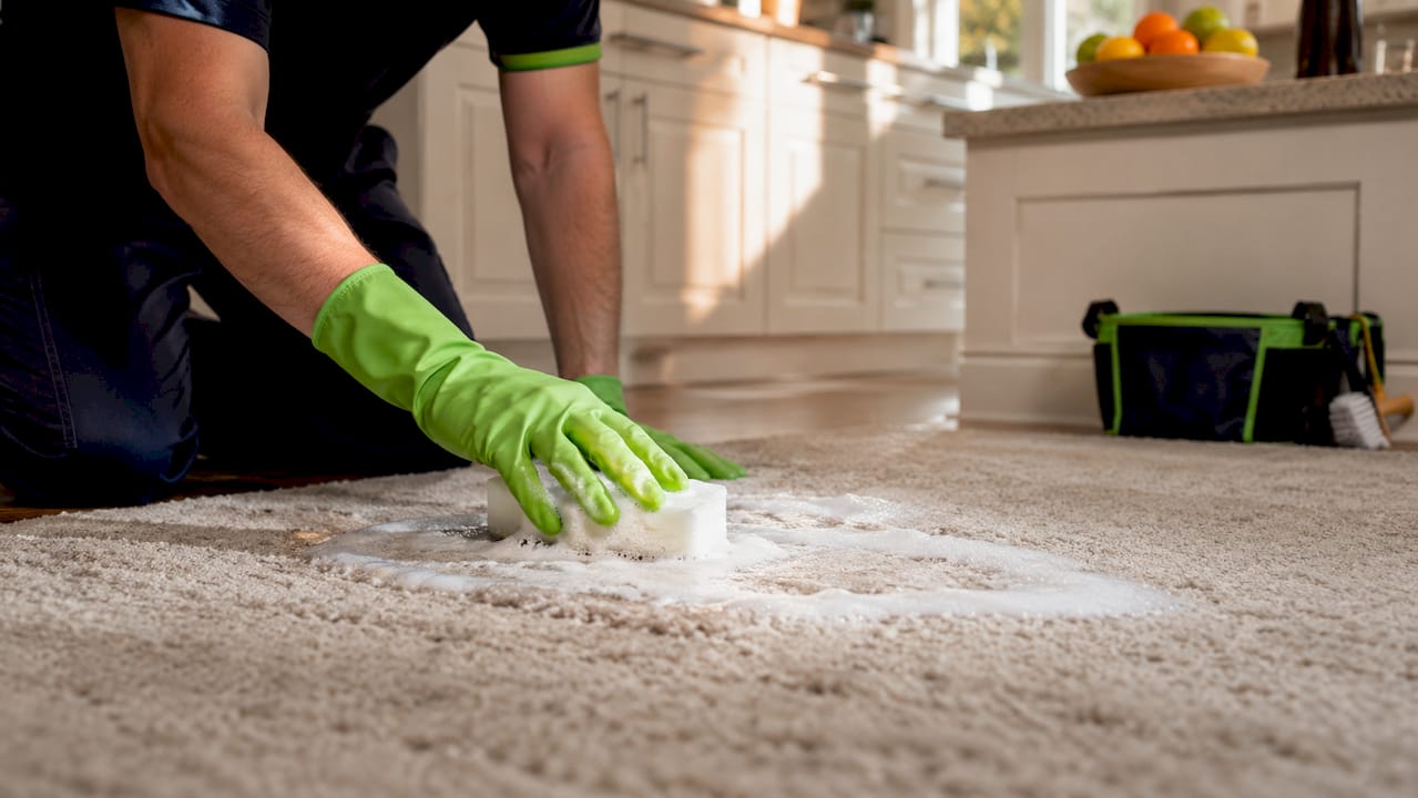 Hands applying surfactant cleaner on carpet stain