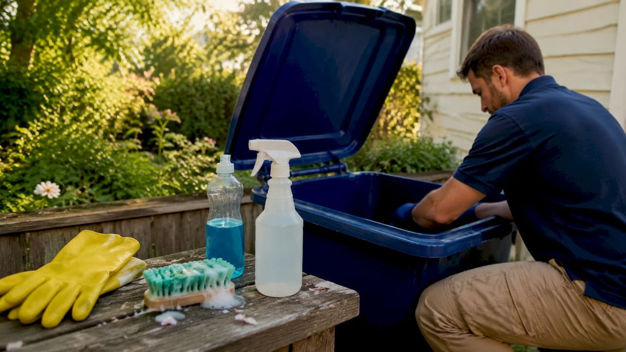 Cleaning tools next to garbage bin