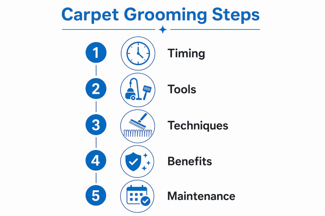 Infographic illustrating carpet grooming steps and benefits